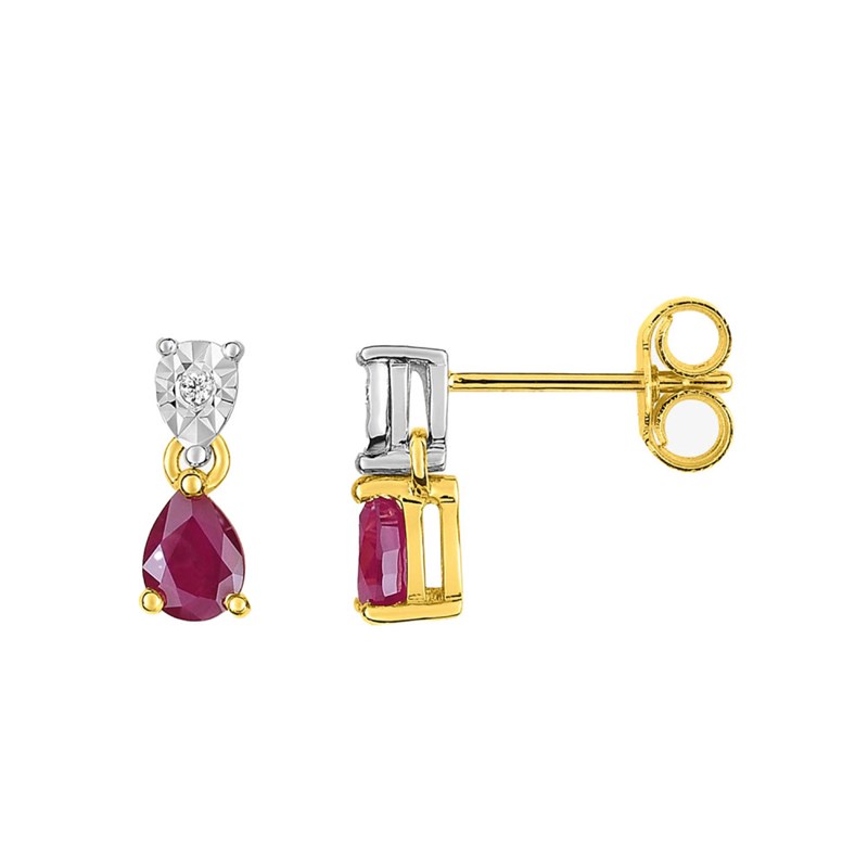 Boucles d'oreilles Femme - Or 18 Carats - Diamant 0,008 Carats et Rubis