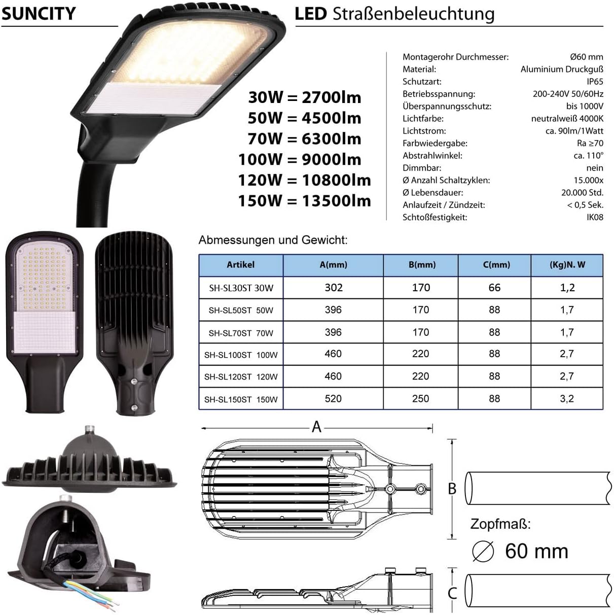 max K O M F O R T LED Straßenlampe Straßenleuchte 2er Pack Straßenlaterne Straßenbeleuchtung Parkplatzbeleuchtung Hochleuchte 150W 4000K neutralweiß IP65 13500lm
