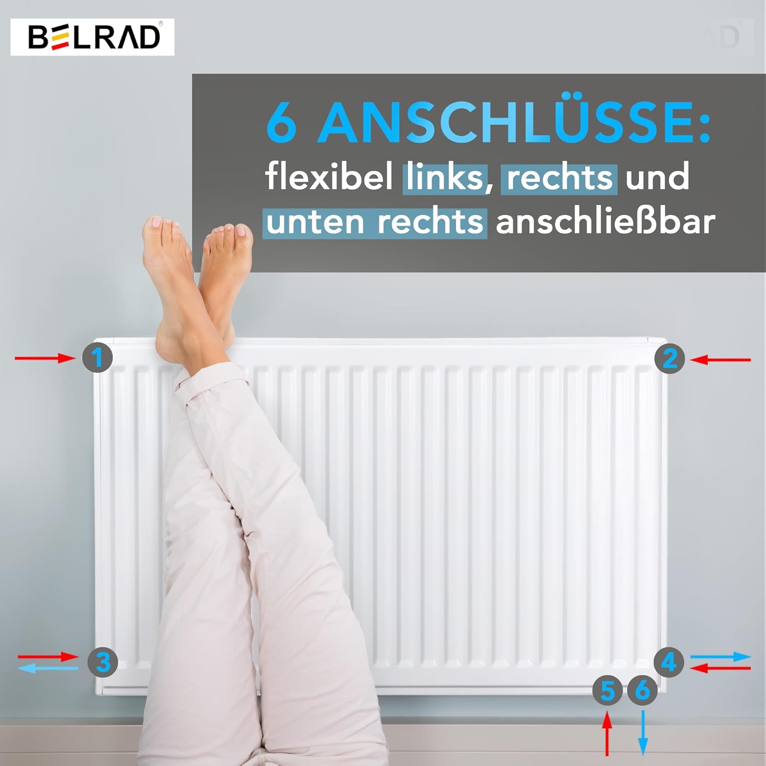 Belrad® Heizkörper Typ 11, flacher Universalheizkörper mit 6 Anschlüssen, modern, kompakt & energiesparend, Wandmontagefähig, ideal für Wohnzimmer, Bad & Gäste-WC, Flachheizkörper weiß 600x600 mm