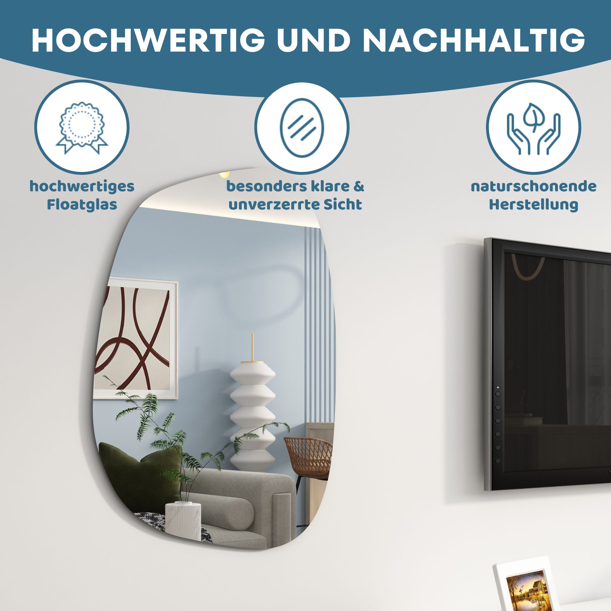 Albatros Designerspiegel Asymmetrisch 75 x 55 cm Wandspiegel oder Türspiegel, Moderne organische FormSpiegel Oval und Groß Asymmetrischer Spiegel unförmig und Rahmenlos