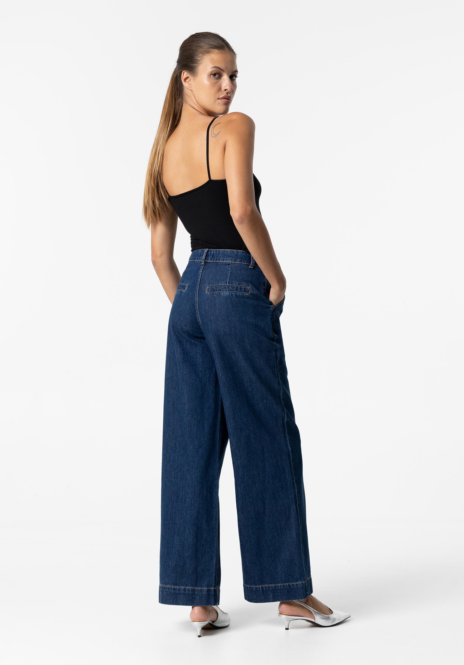 Jeans Tailored Wide Leg Cintura Alta