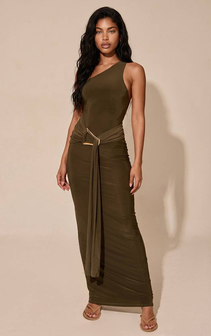 Dark Khaki Robe Maxi Asymétrique À Une Épaule En Jersey Slinky Double Couche Avec Détails Froncés