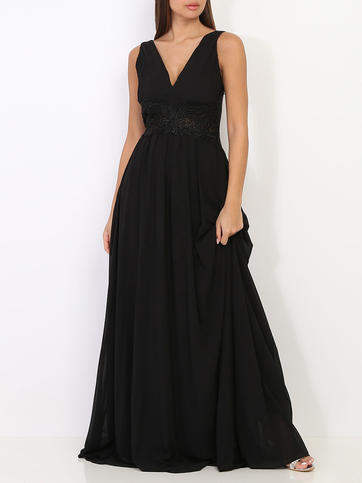 Robe longue à buste drapé et dentelle- Noir