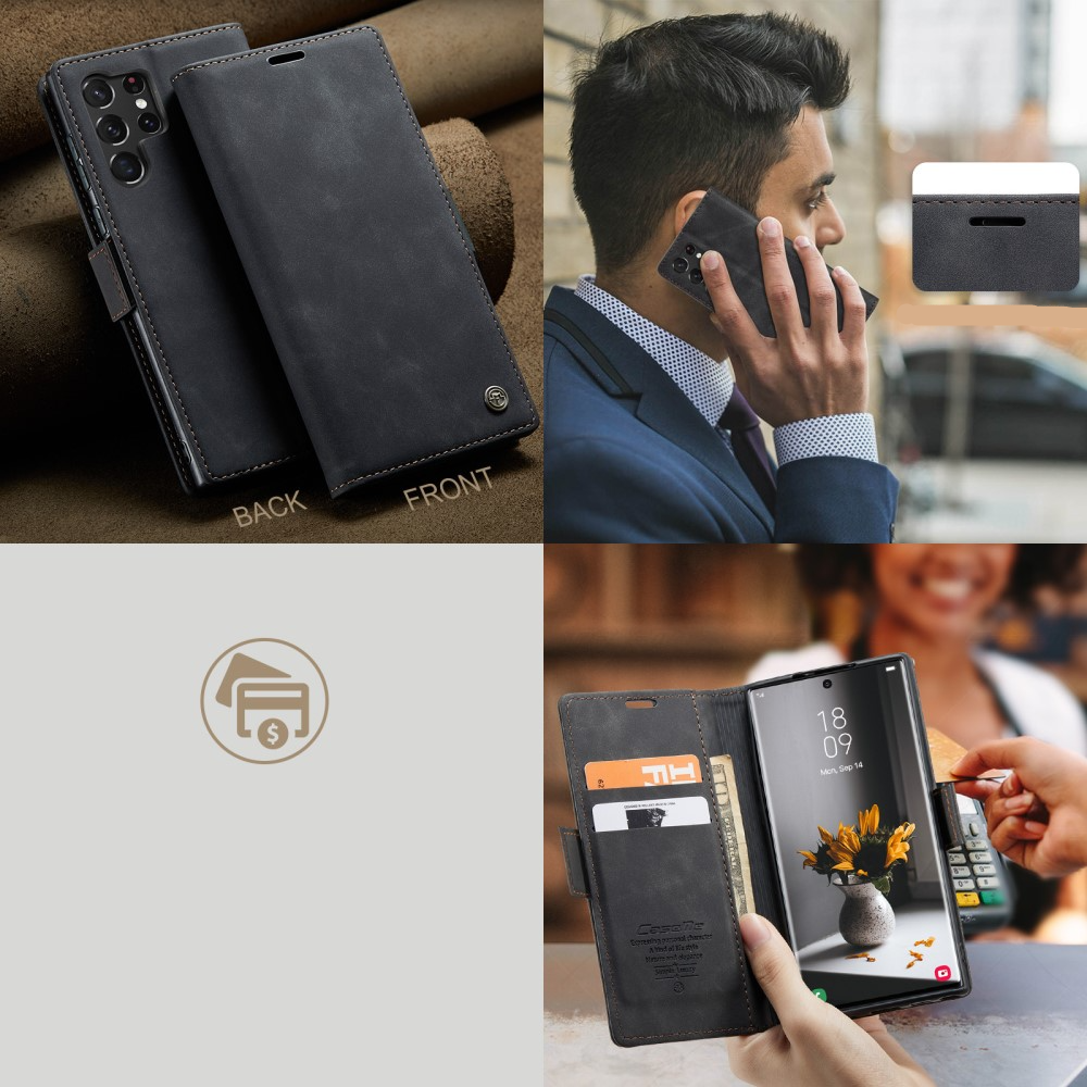 Samsung Galaxy S23 Ultra 5G Leder Tasche Flip Wallet Etui mit Kartenfächern - Schwarz