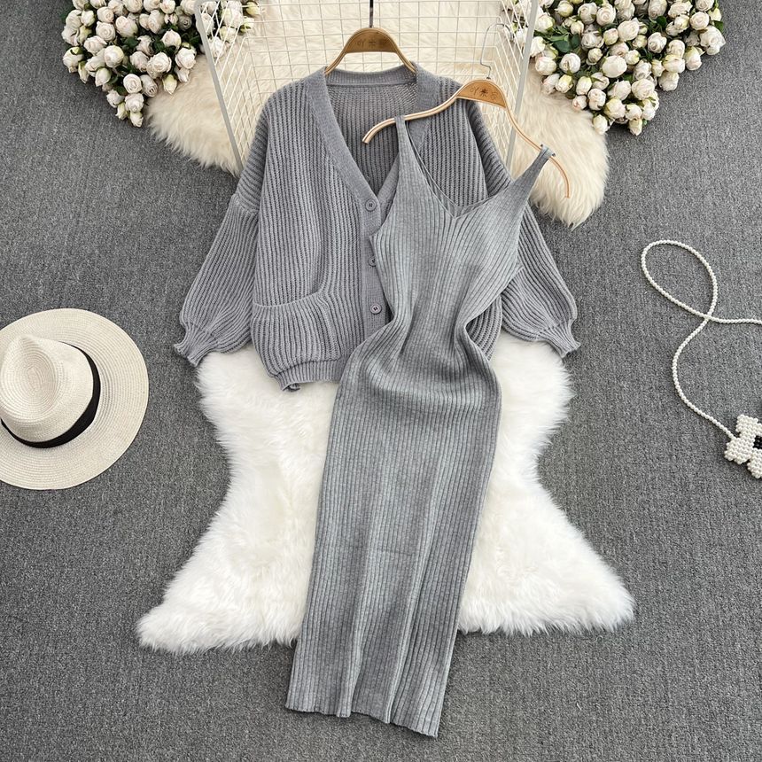 Yearnin - Set: V-hals effen gebreide tankjurk + V-hals oversized vest
