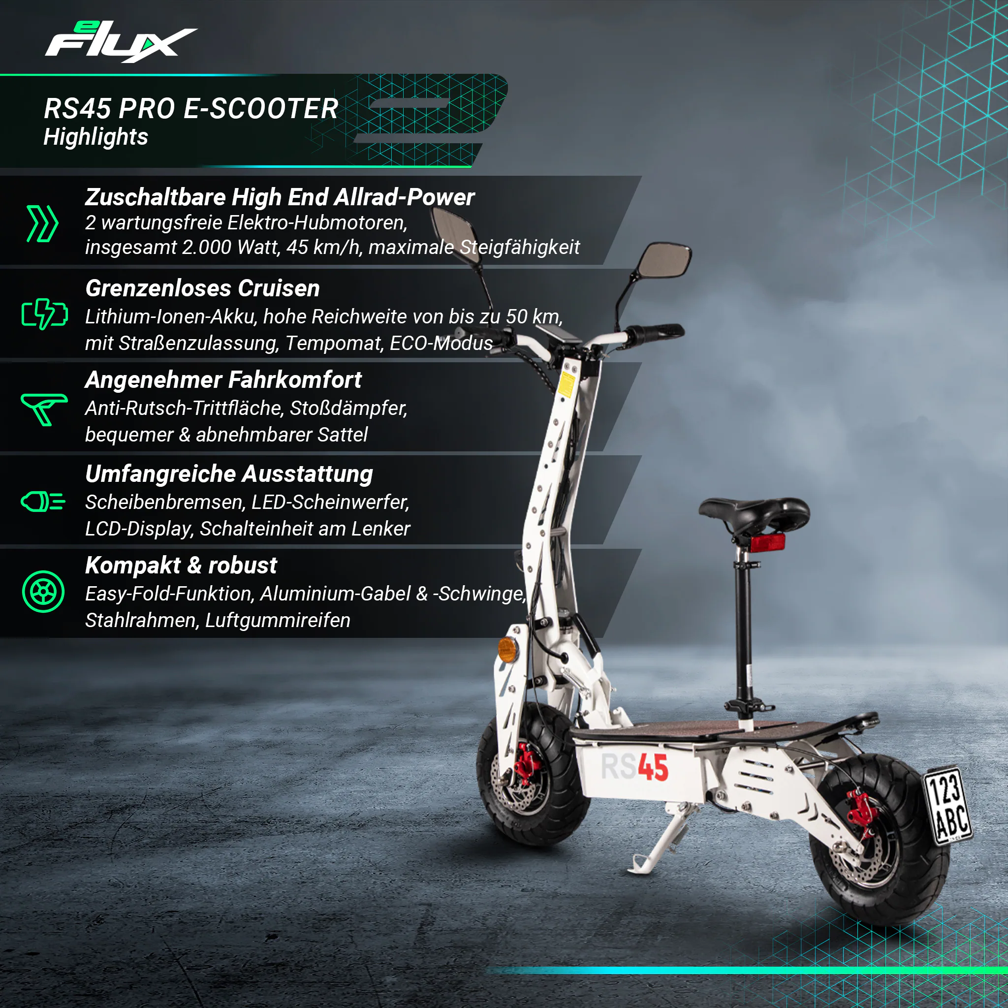 eFlux RS45 Pro E-Scooter, mit Straßenzulassung, Sitz, 45 km/h, 2.000 Watt, Allrad-Antrieb, klappbar (Schwarz)