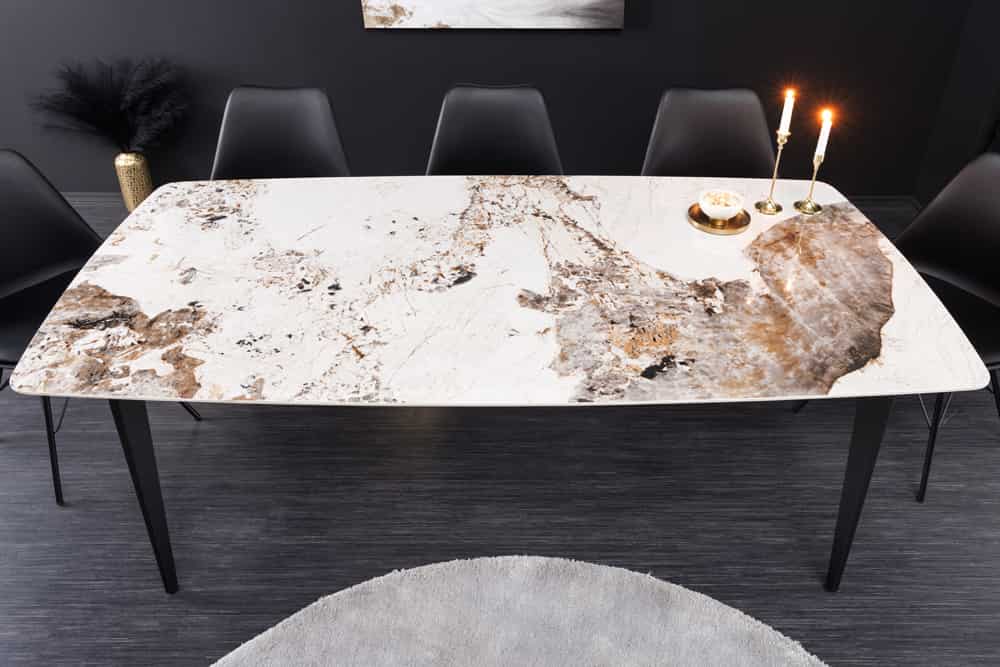 Esstisch MILANO 180cm weiß Pandora Keramik schwarzes Metallgestell