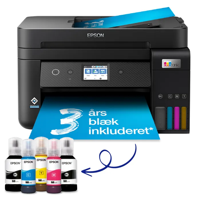 Epson EcoTank ET-4850 - Multifunktionsprinter - farve - blækprinter - kan genopfyldes - A4 (medie) - op til 15.5 spm (udskriver) - 250 ark - 33.6 Kbps - USB, LAN, Wi-Fi - sort