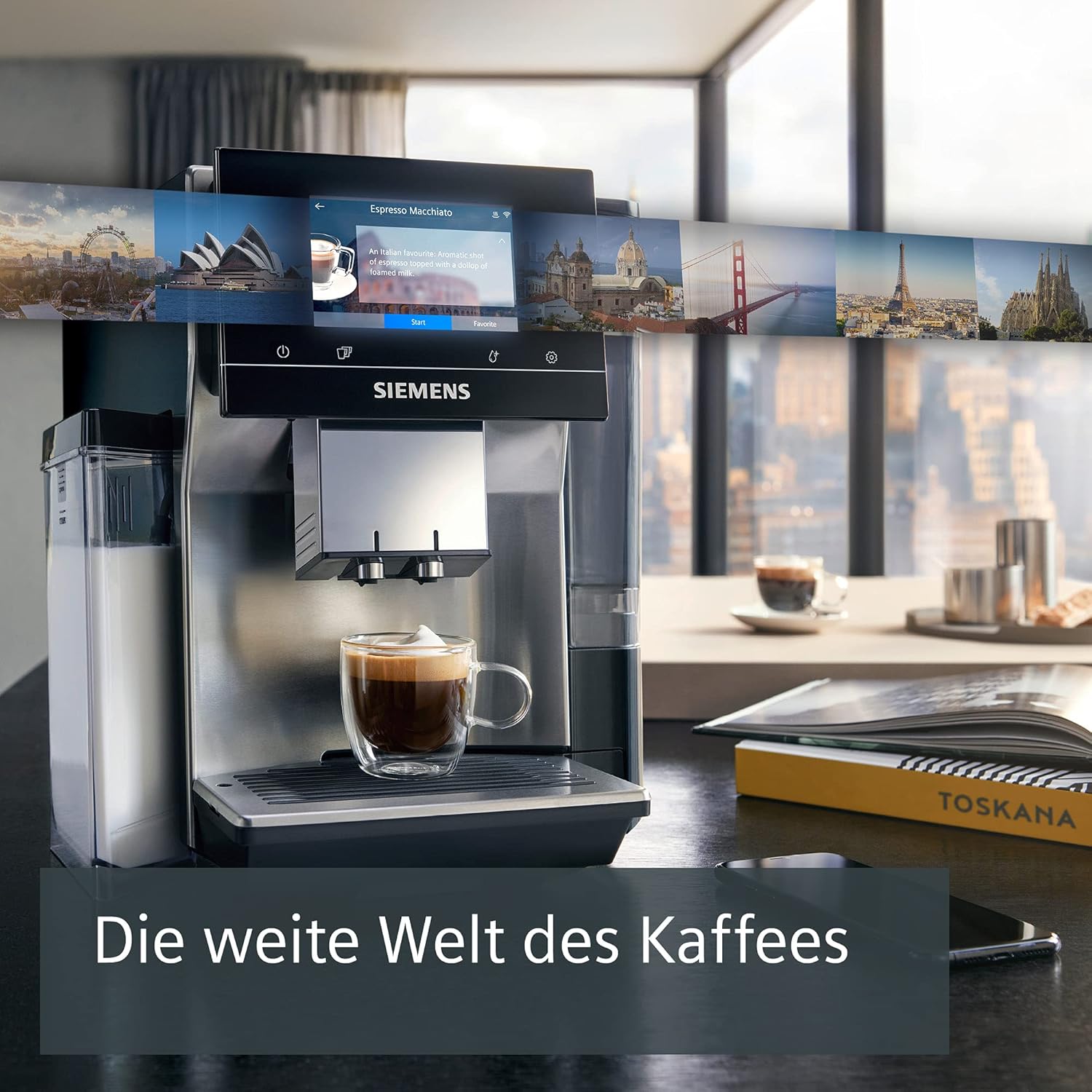 Siemens, machine à café automatique EQ900 TQ903D03, contrôle par l'application, écran tactile, mode barista, AromaBoost, réduction du bruit, broyeur premium, nettoyage à la vapeur, 1 500 W, inox