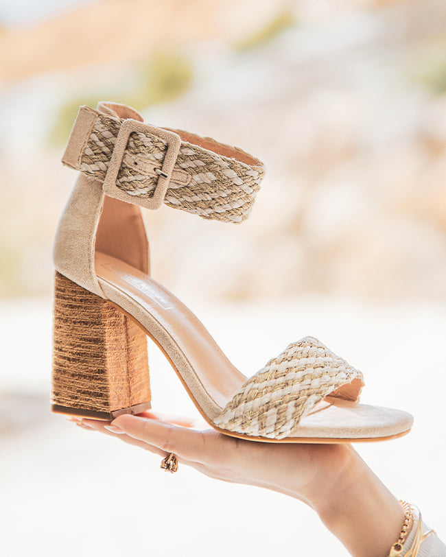 Sandale femme à talon carré tressée beige - Lola