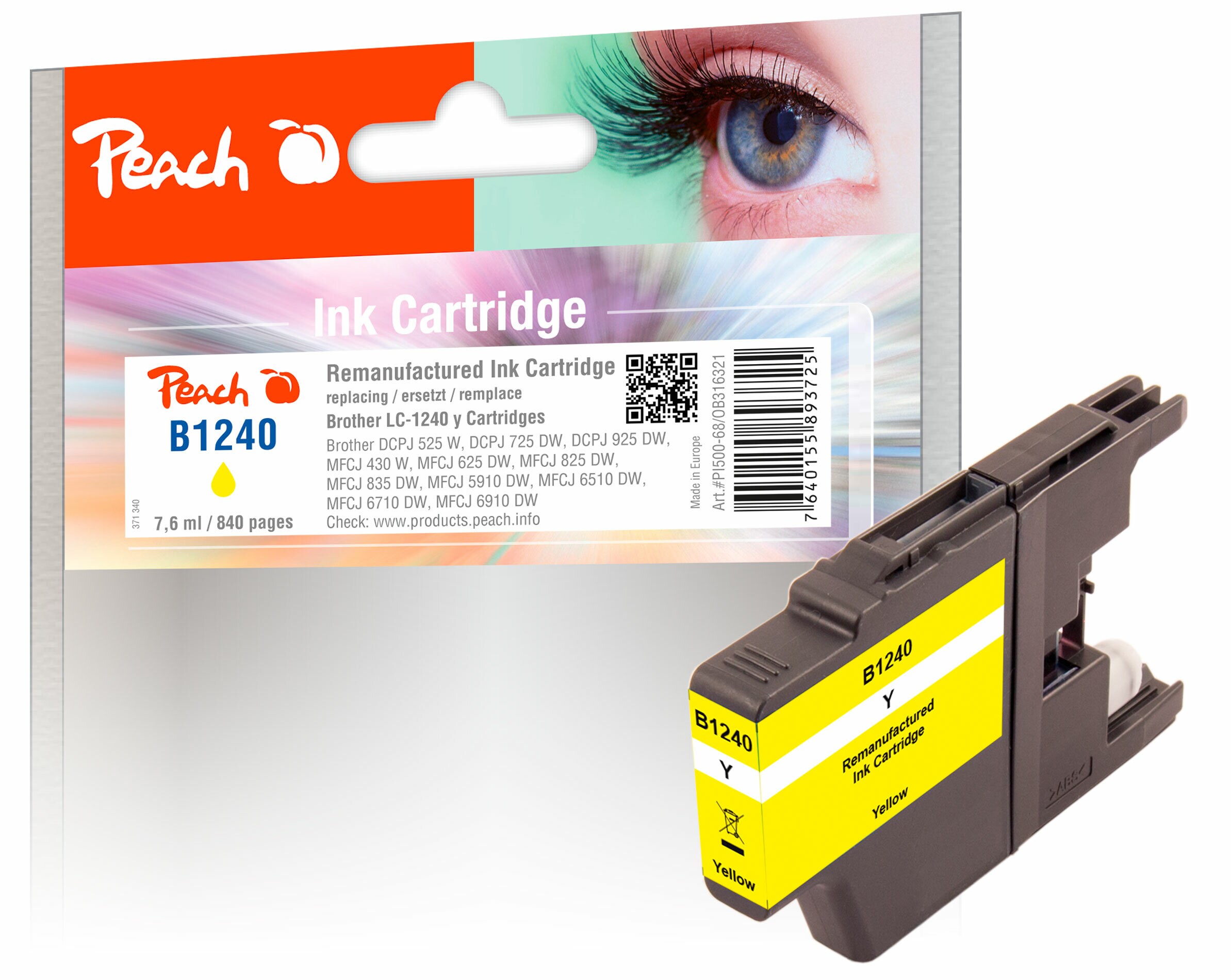 Peach B1240 Y Druckerpatrone XL ye ersetzt Brother LC-1240Y für z.B. Brother DCPJ 725 DW, Brother MFCJ 430 W, Brother MFCJ 6710 DW, Brother DCPJ 525 W (wiederaufbereitet)