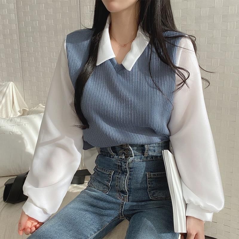 Enpheriado - Mock Two-Piece Long-Sleeve Two Tone Panel Blouse