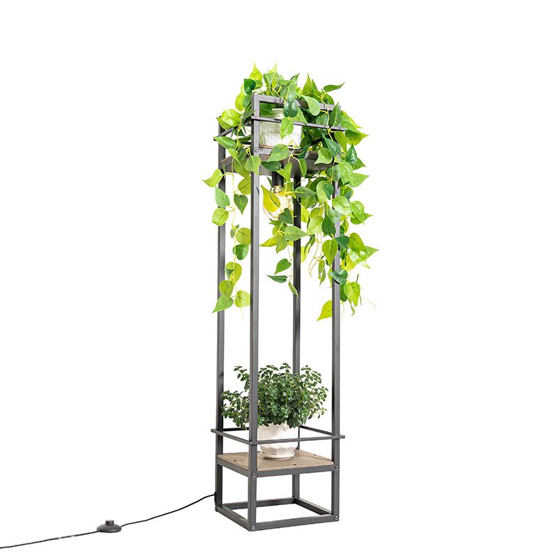 Industriële vloerlamp zwart met hout - Cage Rack
