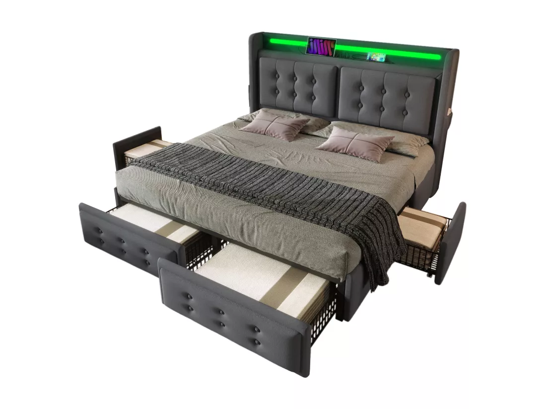 Lit adulte 180x200cm en tissu lin - avec LED et Ports de recharge - 4 tiroirs - Gris