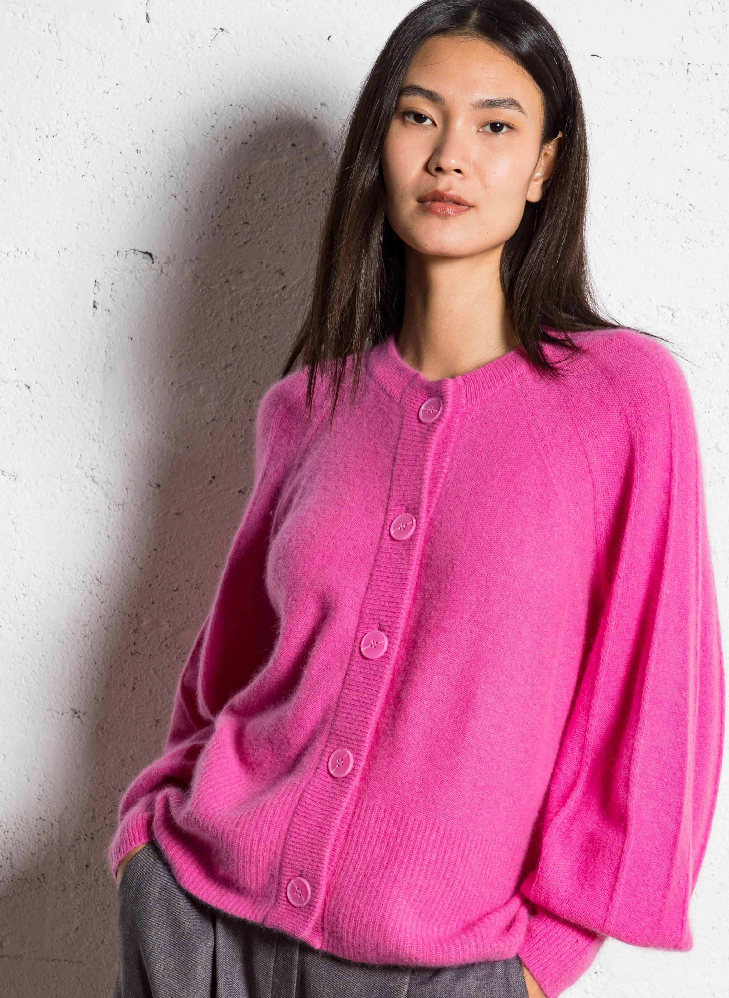 Gilet oversize col rond en laine mélangée | Rose