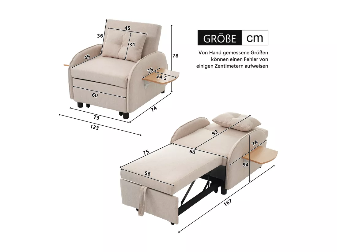 Canapé-lit simple multifonctionnel – avec fonction lit, chaise longue et fauteuil, canapé-lit réglable en trois positions, tables à thé pliantes