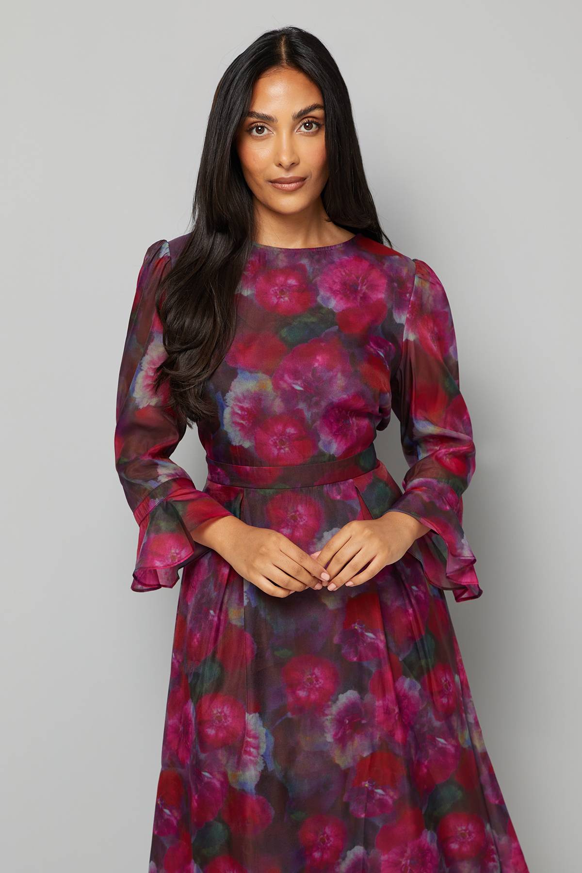 Wallis Robe Midi Petite en Organza Floral à Manches Évasées