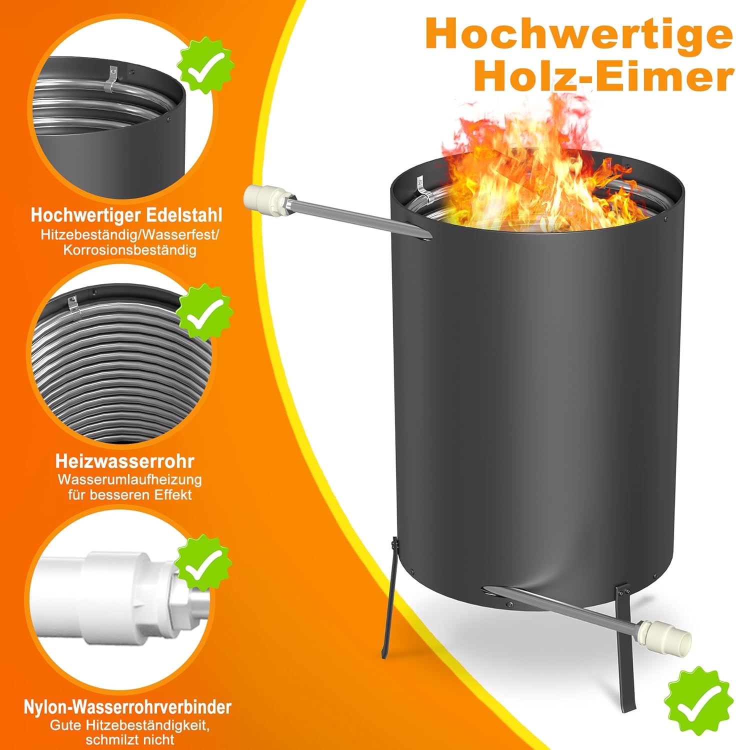 Poolheizungen mit Feuer und Heizspirale,Outdoor Poolofen, Edelstahl Schwimmbadheizung mit Ø32/38mm Anschlüsse Brennholz Pool Heizung 28L Feuertonne Holz, Schwarz, 1 Stück