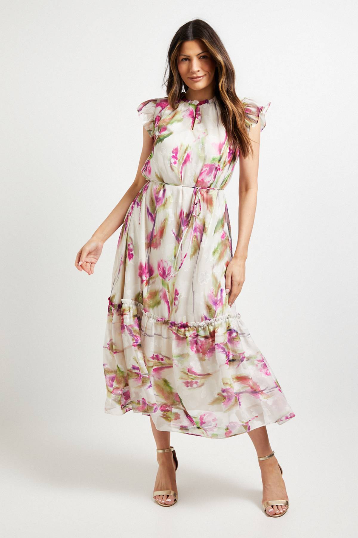 Wallis Robe Midi à Volants Motif Floral Dévoré