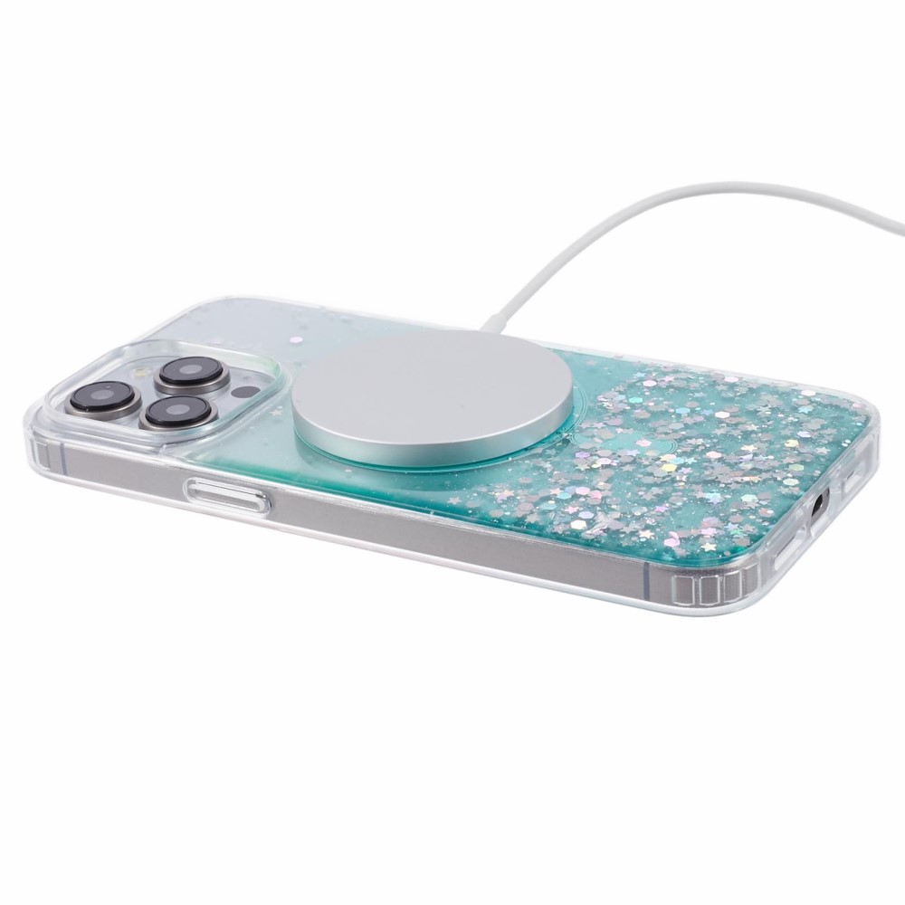 iPhone 15 Pro MagSafe Hülle mit Acryl Rückseite und Farbverlauf im Glitzer Design - Türkis