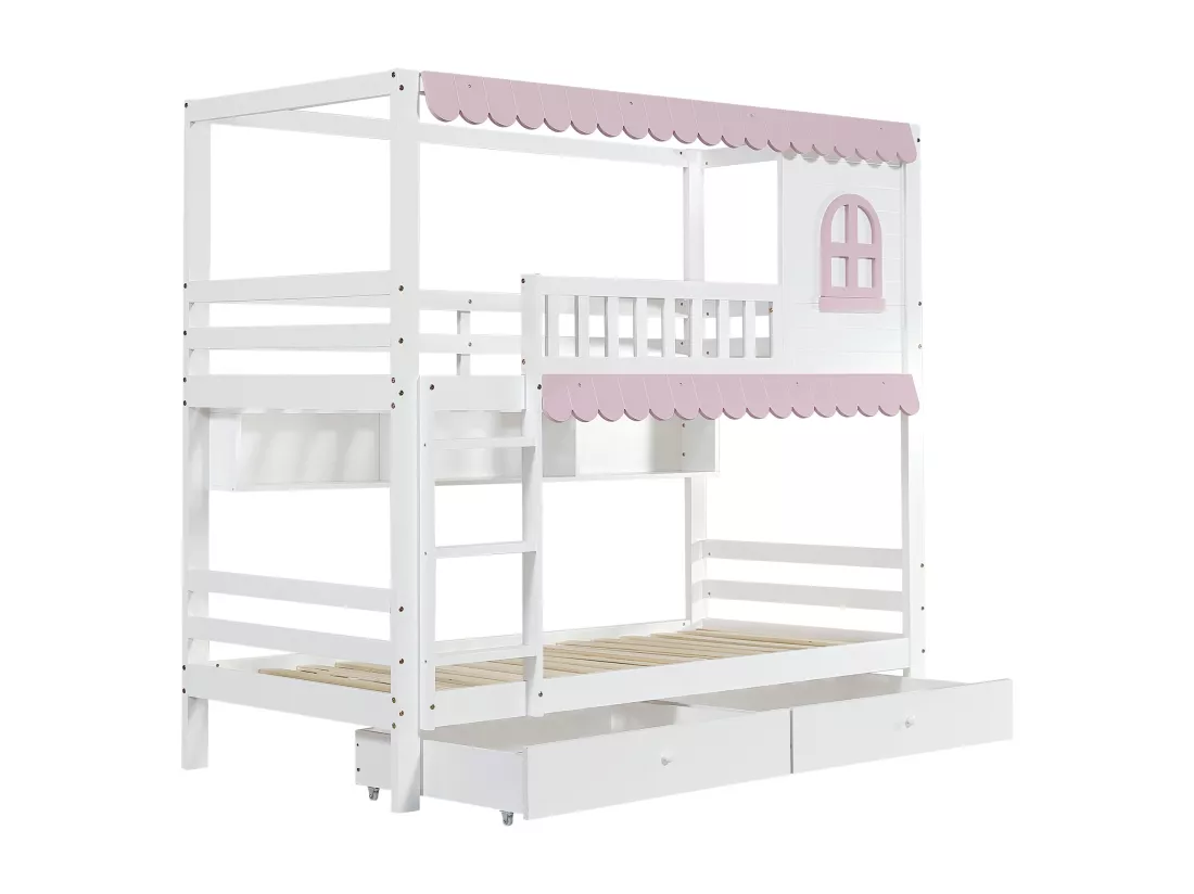 Lit superposé en bois - 90x200 cm - avec 2 tiroirs et étagères - Blanc & Rose (sans rideaux)