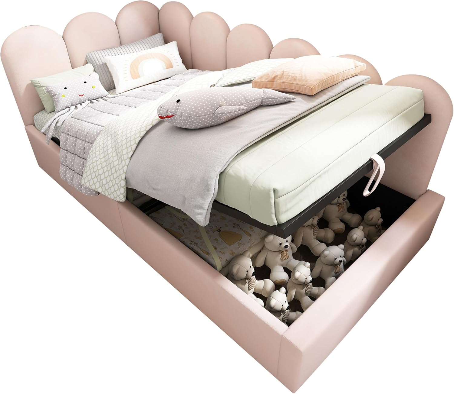 Polsterbett Daybett, Schlafsofa mit hydraulischem Stauraum, Kinderbett mit Metall-Lattenrost(ohne Matratze), Samt, 90x200 cm,Rosa