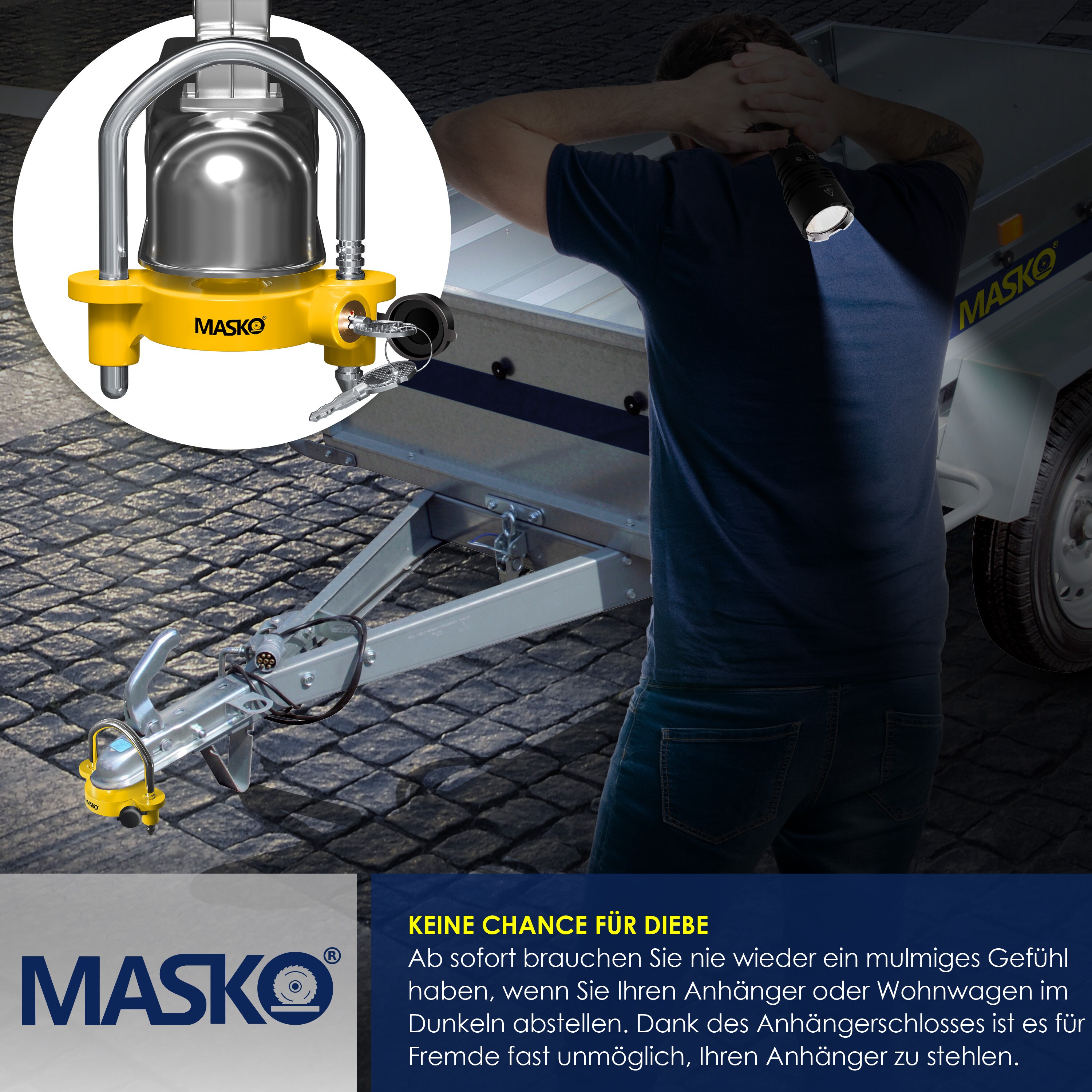 MASKO® Anhängerschloss für gängige Anhängerkupplung einfache Montage Diebstahlschutz Diebstahl Anhänger Sicherung 4 Schlüssel extra sicher Kreuzschloss, Inkl. Deckelschutz