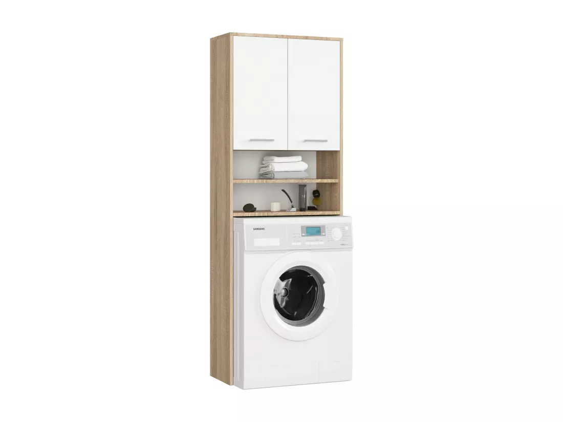 meuble machine a laver 2 portes blanc bois 4 étagères 64x30x180 cm