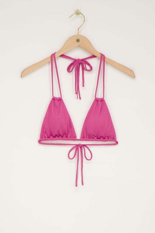 Roze bikini top triangel met dubbele bandjes en rib
