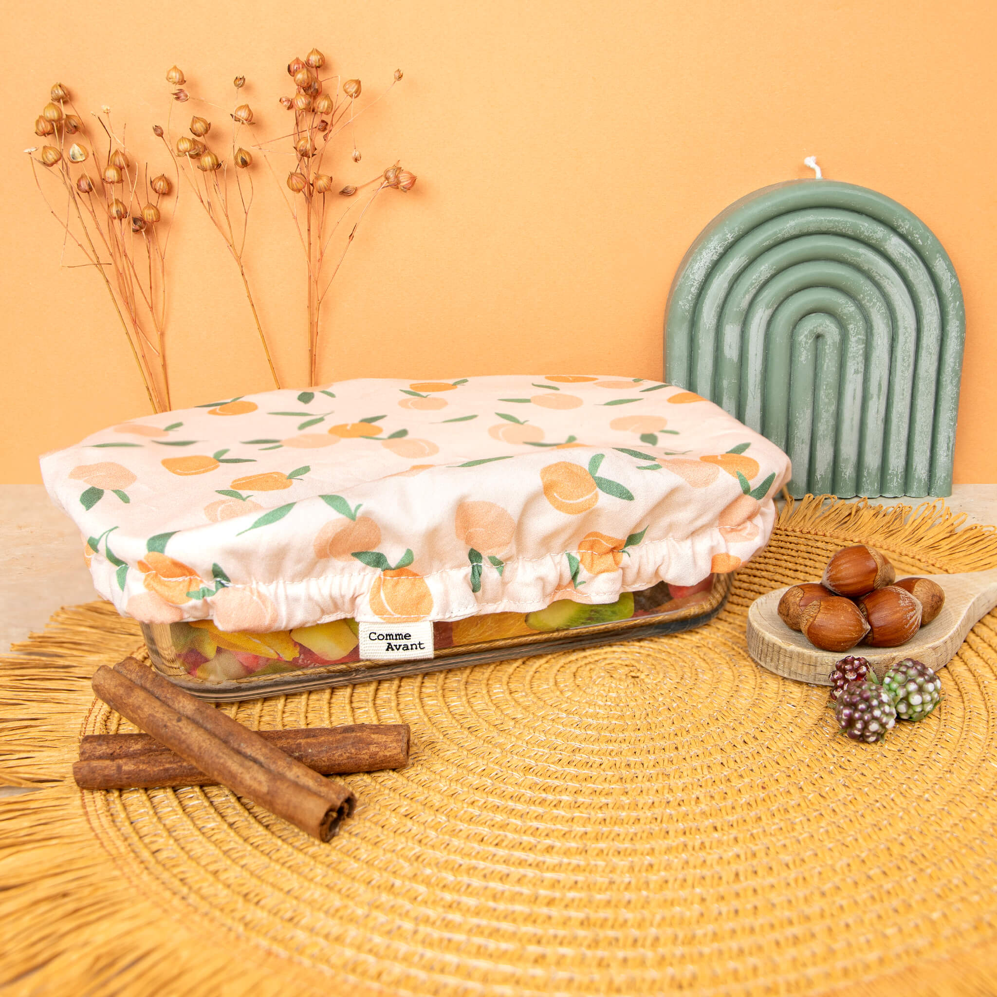 Couvre-plat lavable en coton - Version 1 - Grand rond / Abricot