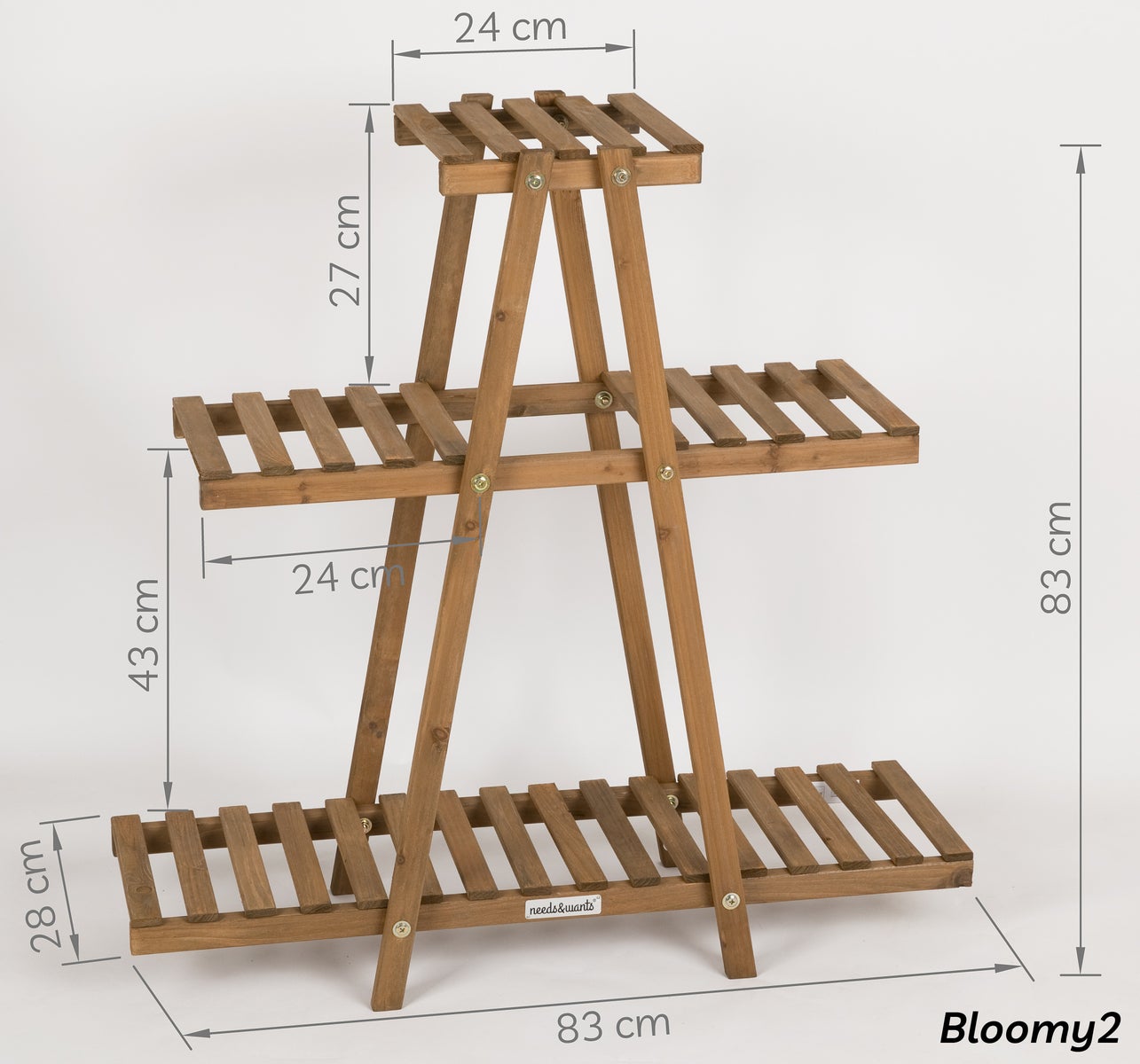 needs&wants® Houten plantenstandaard/bloemenstandaard, weerbestendig voor binnen- en buitengebruik, balkon-/tuin-/muurgebruik, plantenplank/bloementrap, 83 x 28 x 83 cm hoog, bruin