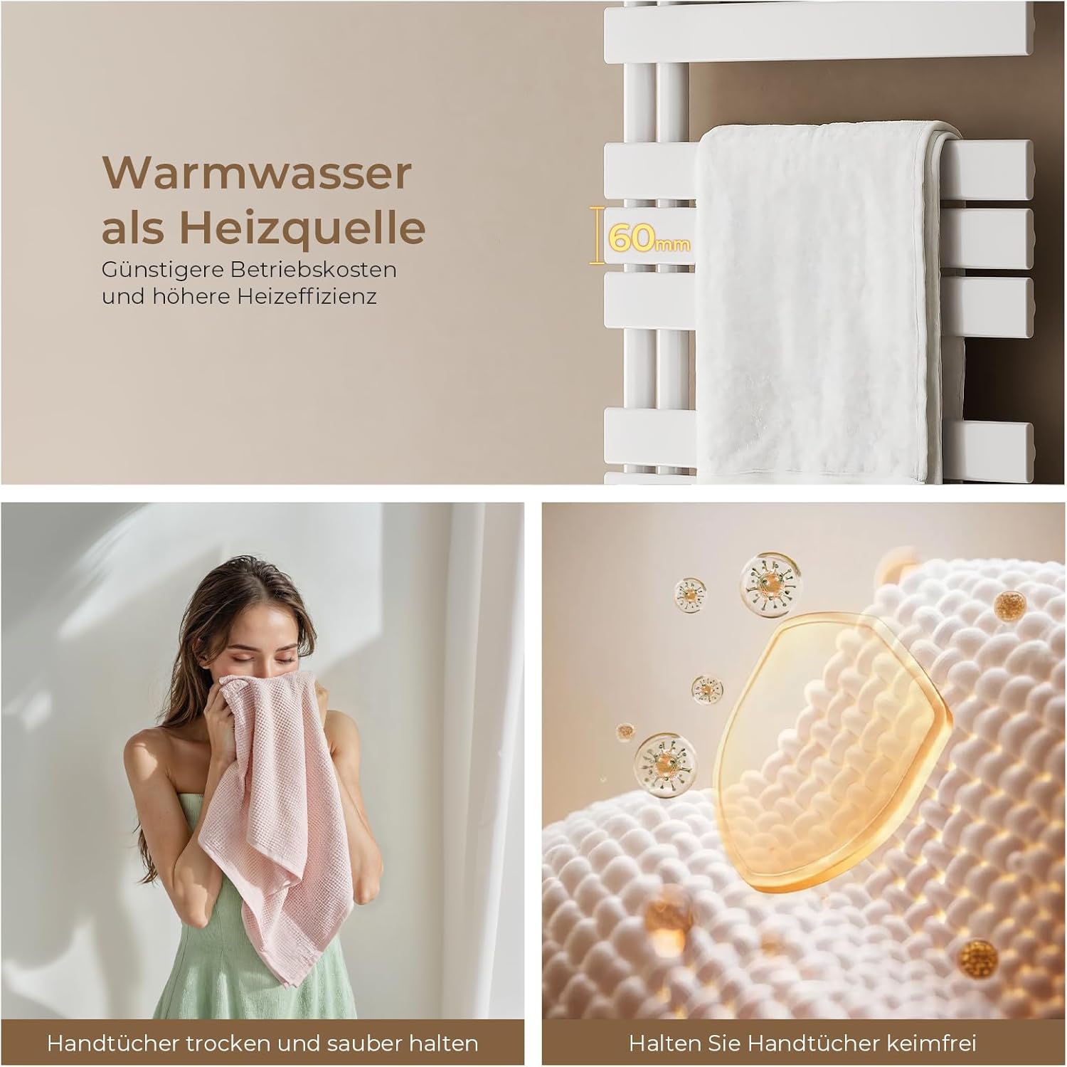 S'AFIELINA Design Badheizkörper Handtuchheizkörper Weiß Flach Paneel mit Mittelanschluss 1320x400mm Heizkörper für Bad Handtuchtrockner 570 Watt (Ohne Thermostatventil)