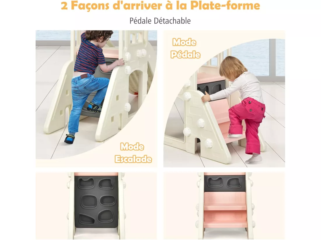 Toboggan 6 en 1 pour Enfant - Glisse de 140 CM - avec Panier de Basket, Escalade, Lancer d'Anneaux et Télescope,Toboggan Intérieure,Aire de Jeux Extérieure 3-8 Ans, Rose