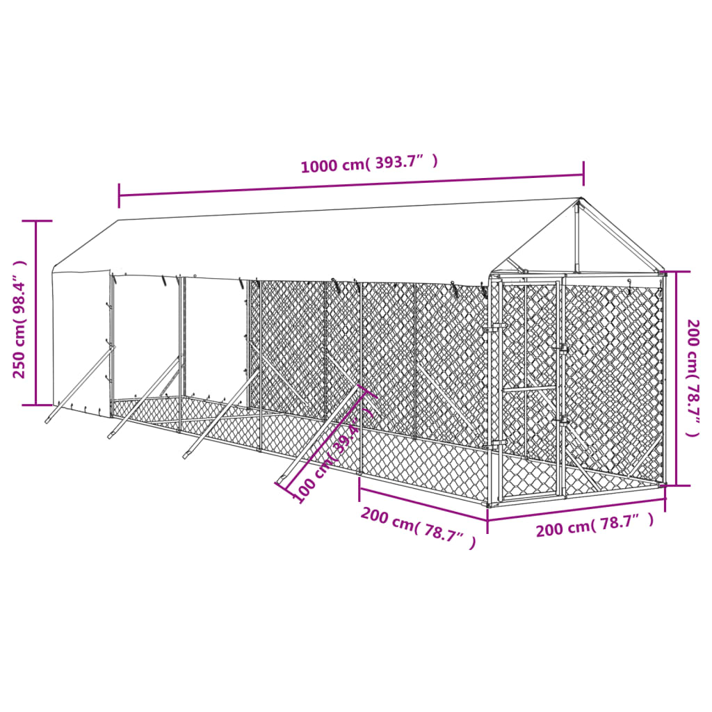 Canil externo para cães vidaXL com cobertura, aço galvanizado, prata, 2x10x2,5m