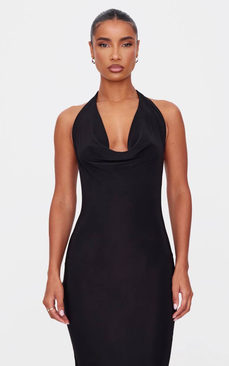 Noir Robe Longue Toucher Doux Col Bénitier Détail Dos Torsadé