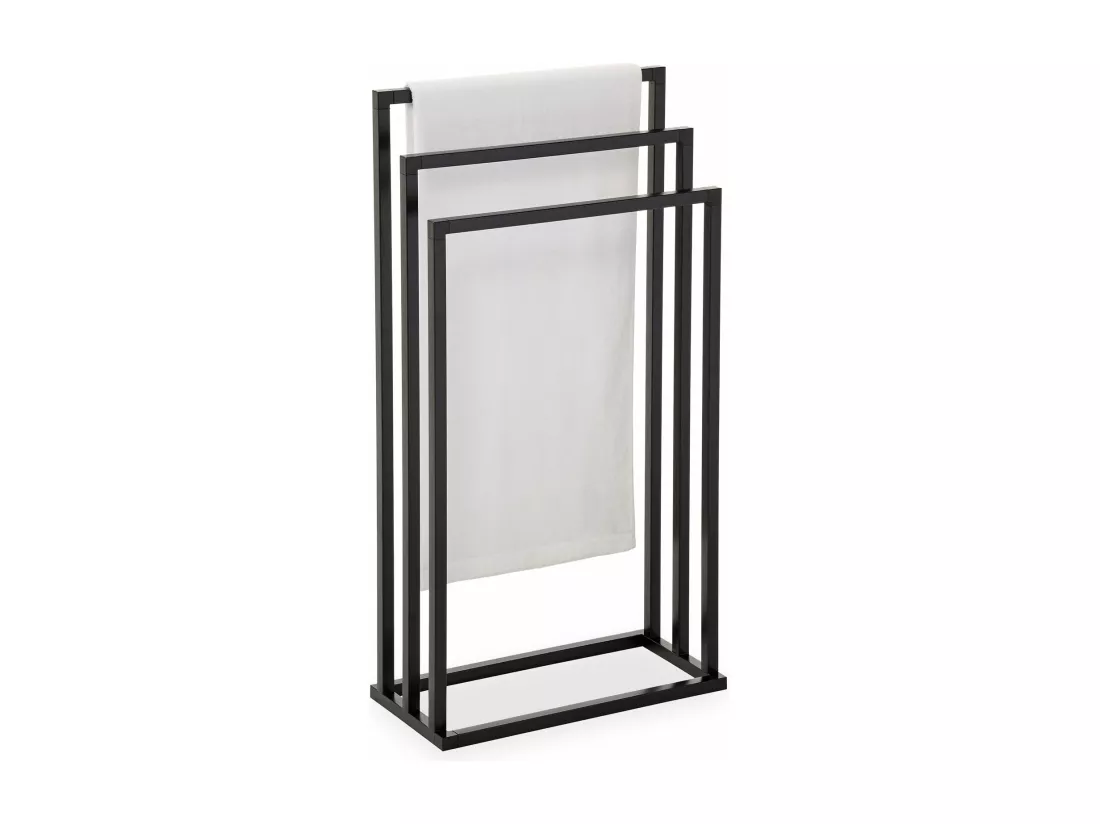 Porte-serviettes sur pied KUNO portant pour vêtements et linge de salle de bain avec 3 niveaux d'étendage, structure en métal noir
