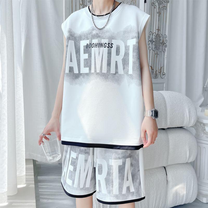 Priam - Set: Tanktop met ronde hals en letterprint en tweedelig model + korte broek met trekkoord in de taille