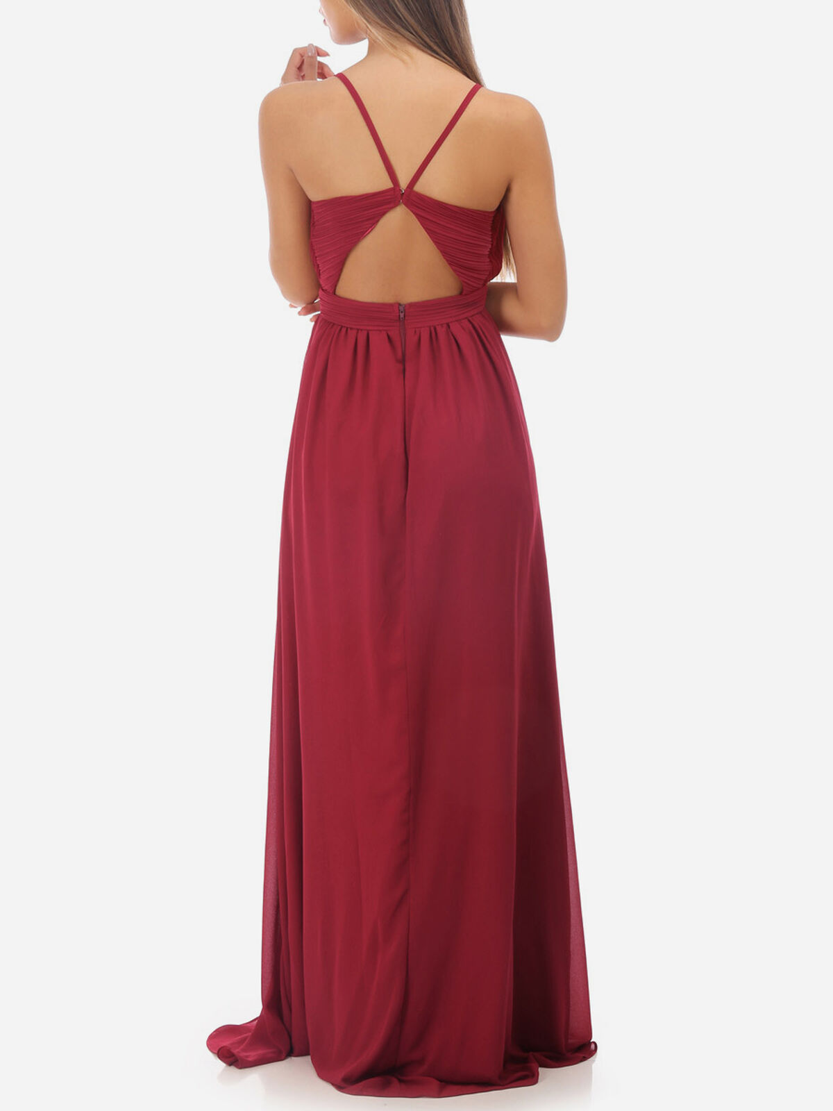 Robe longue à décolleté drapé- Rouge foncé