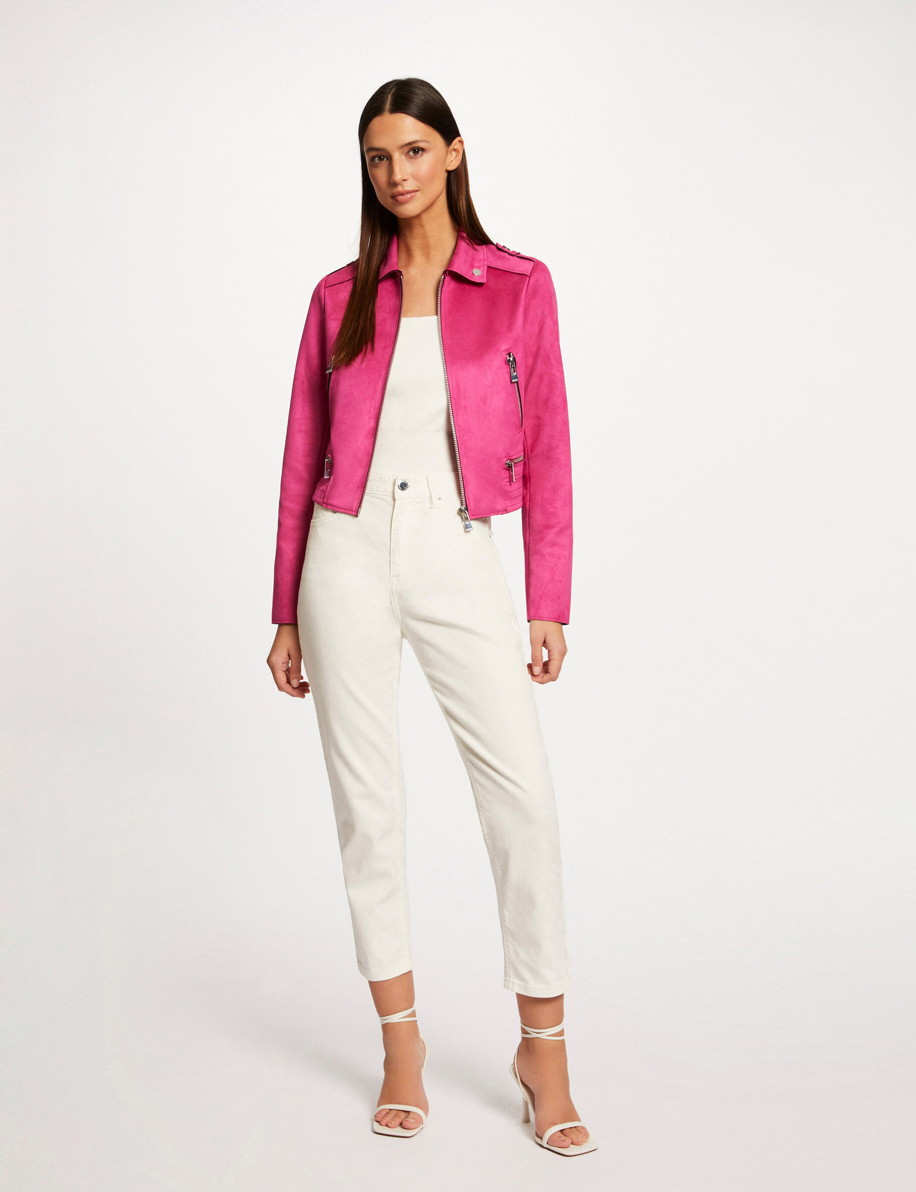 Blouson droit aspect suédine framboise femme - framboise