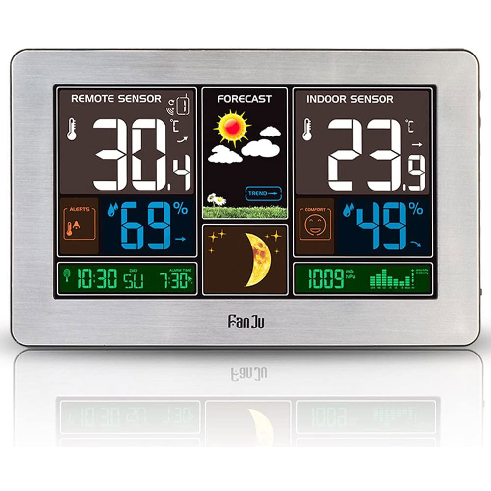 Wireless Wetterstation Wecker Digital Thermometer Indoor / Outdoor Touchscreen   Aussensensor - Silber