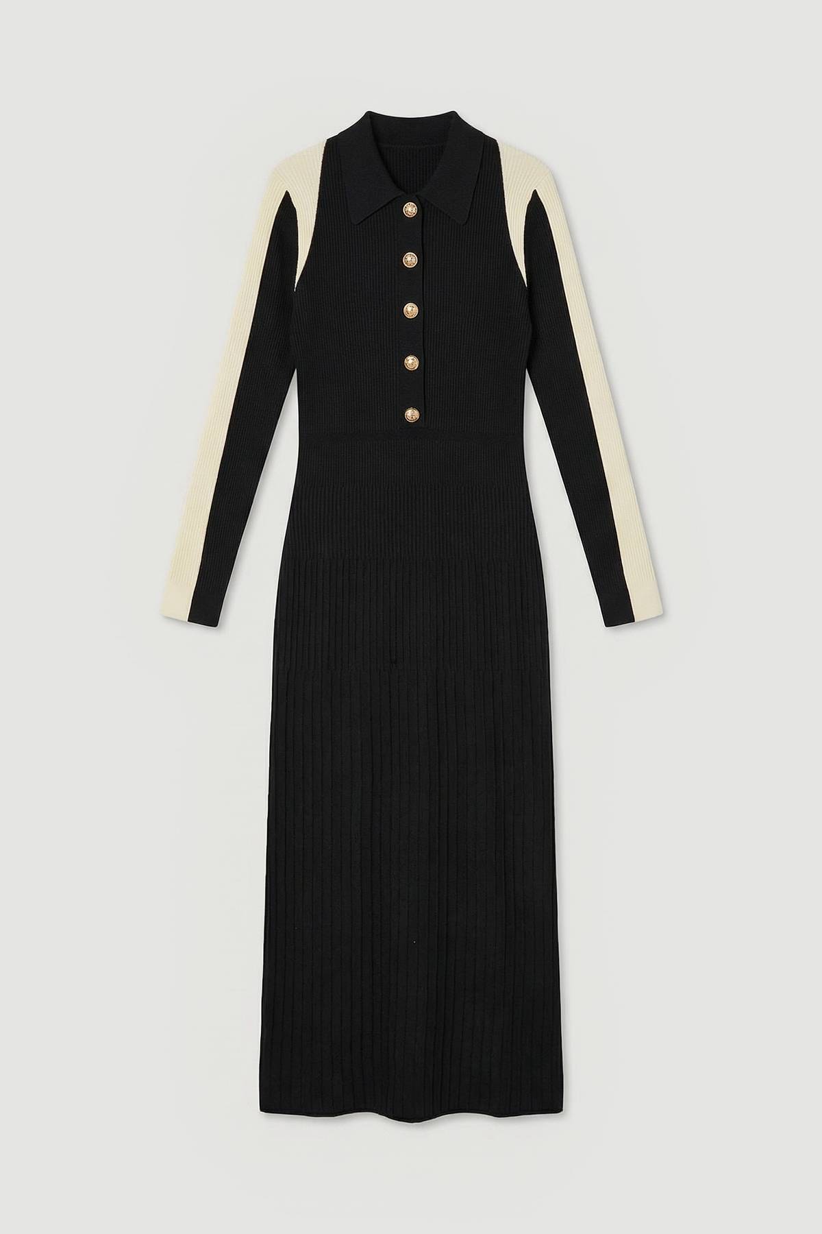 KarenMillen Robe Mi-Longue en Maille Côtelée à Blocs de Couleur Style Militaire