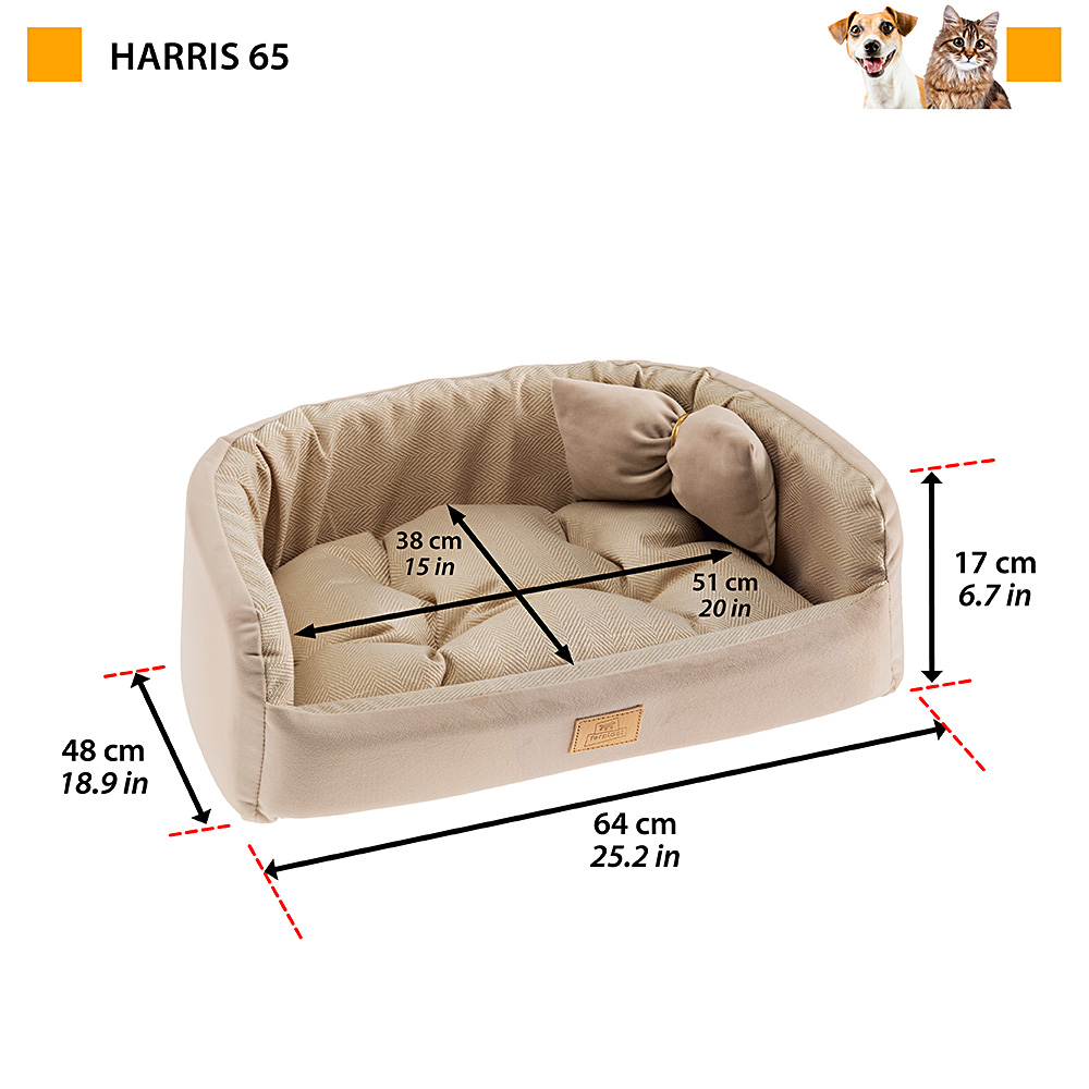 Couchage rembourré lit pour chiens et chats harris 65 lavable, avec coussin, tweed et velours, beige