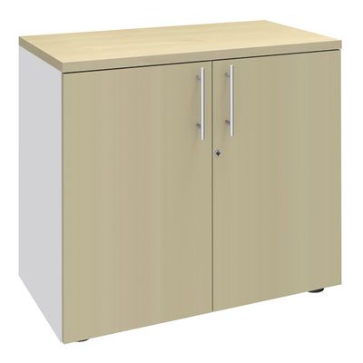 Armoire basse IRIS - H72 x L80 x P47 - 2 portes - Corps Blanc perle - Dessus et portes imitation Erable