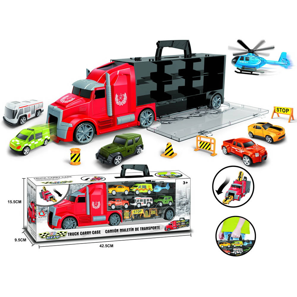Vrachtwagen met 5 auto's + 1 helikopter