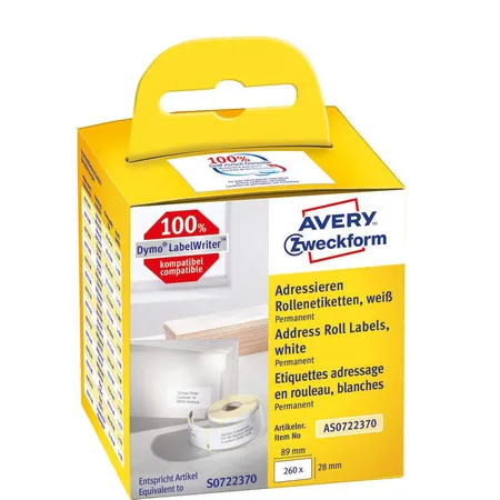 Avery Zweckform AS0722370 Rollenetiketten Adressaufkleber 28 x 89 mm, 2 Rolle/260 Etiketten, weiß