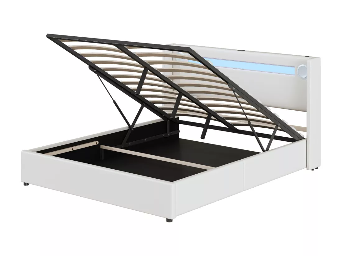 Lit coffre 140x200cm - Lit double avec sommier à lattes, tête de lit LED avec Bluetooth et port USB - en cuir PU Blanc