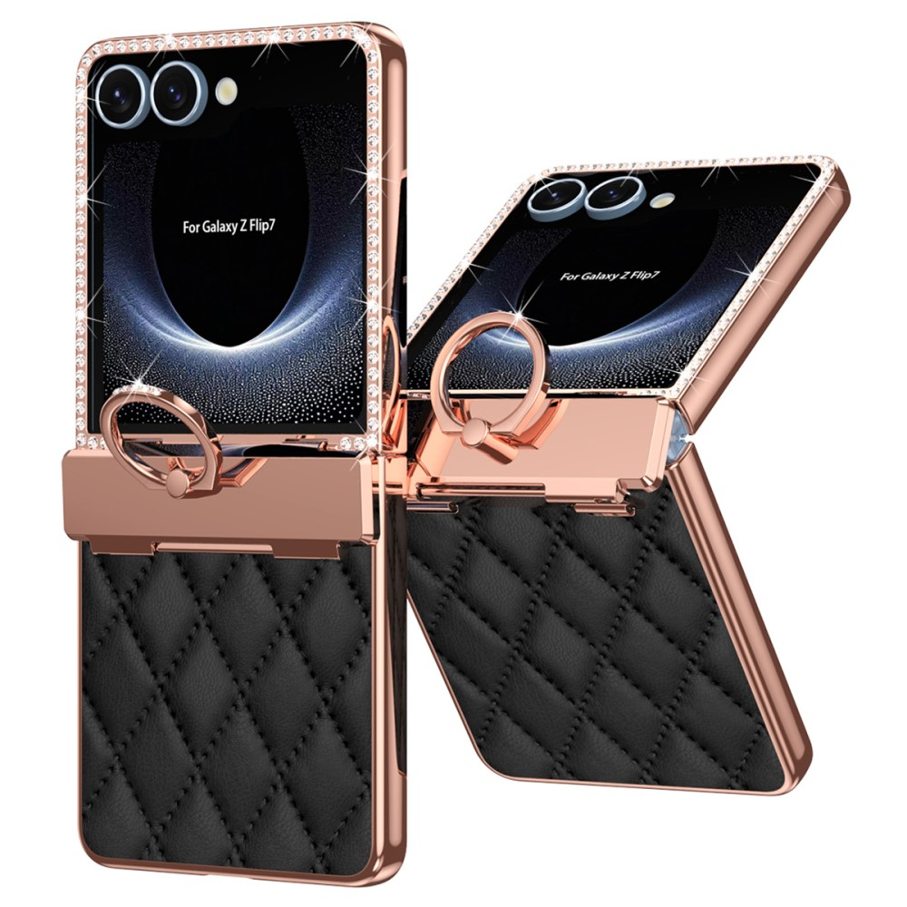 Samsung Galaxy Z Flip7 Hardcase Hülle Finger Griff Ring Halterung Glitzer Design   Scharnier Design - Schwarz / Roségold