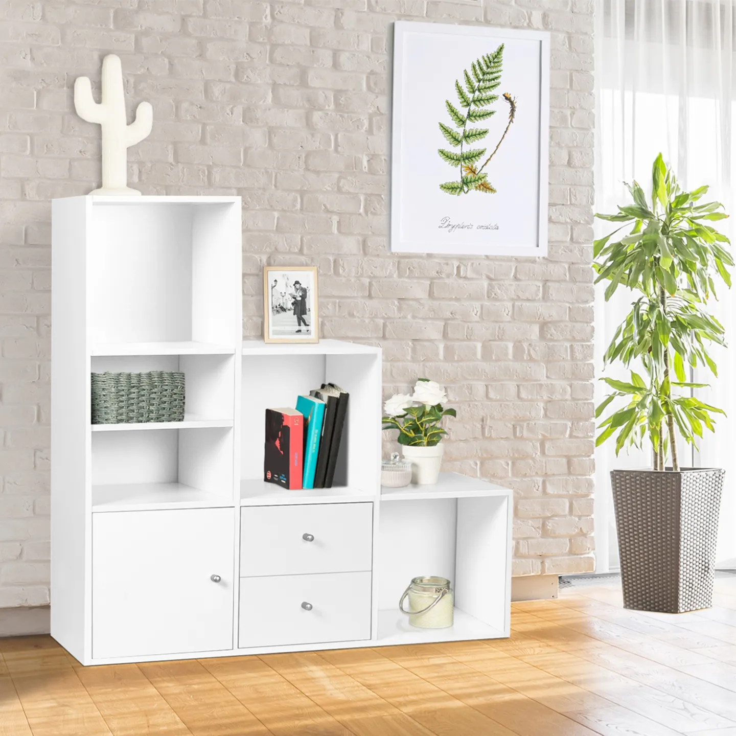 Meuble de rangement en escalier LIAM 3 niveaux bois blanc avec porte et tiroirs