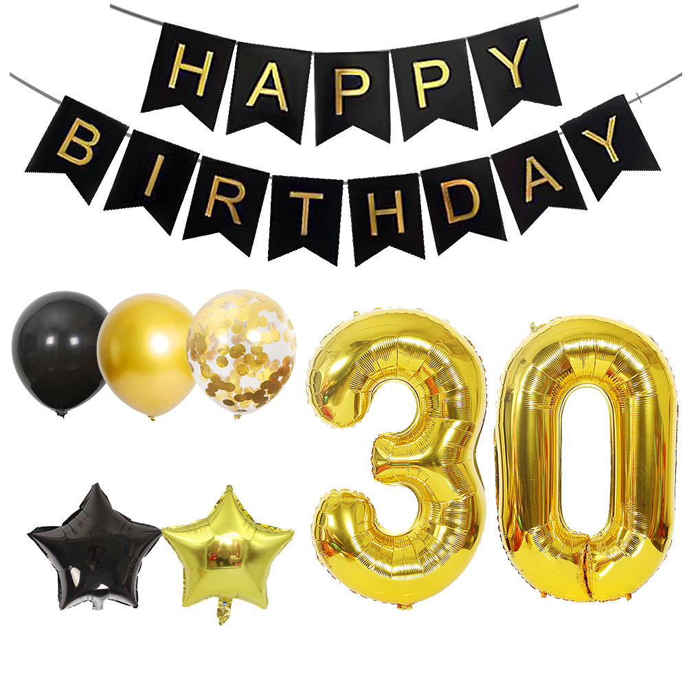 (53-tlg. Set) Happy Birthday Girlande 30. Geburtstag Party Deko   Latex- und Folienballons / Konfetti Ballons / Lametta Vorhang - Gold / Schwarz