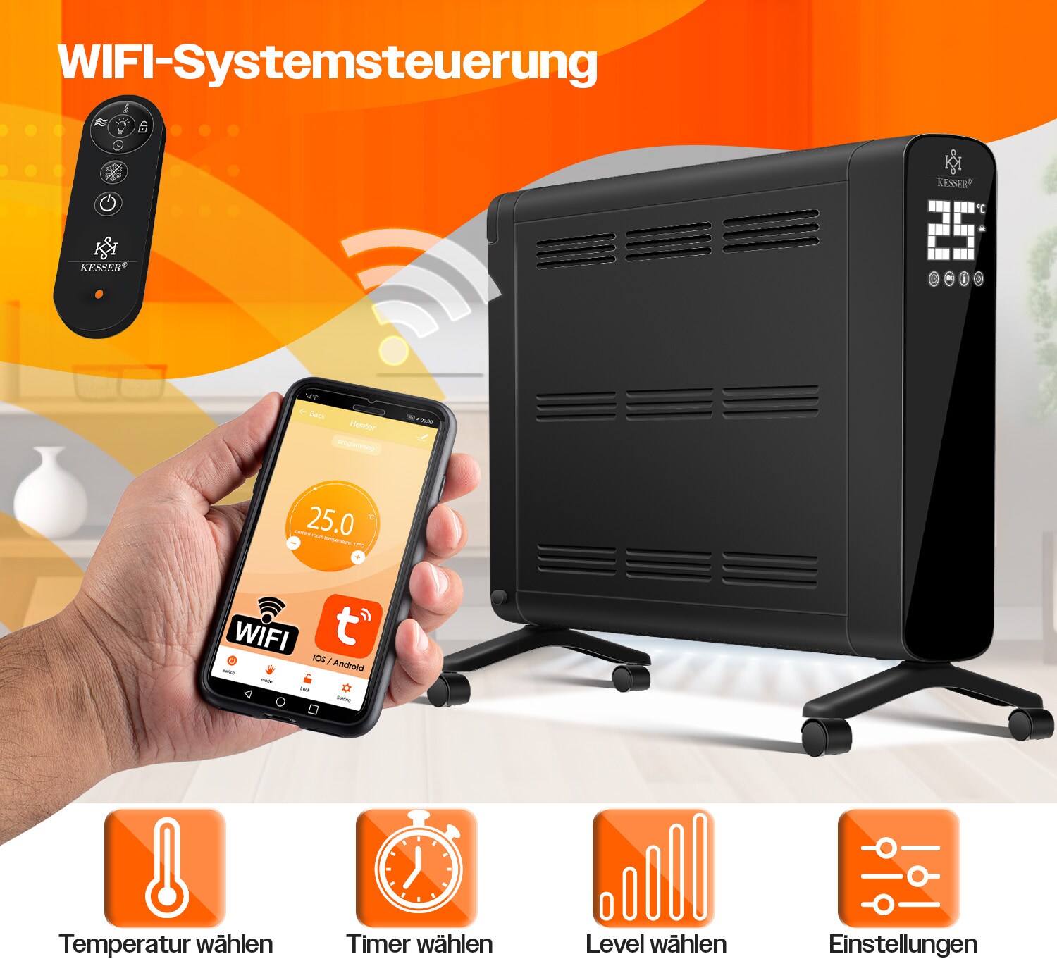 KESSER® Konvektor Premium 1200W ECO 2400W Power Mode Heizstufen Thermostat Elektroheizung WiFi App & Fernbedienung Touch-Display Timer mobiles Heizgerät Energiesparend Überhitzungsschutz